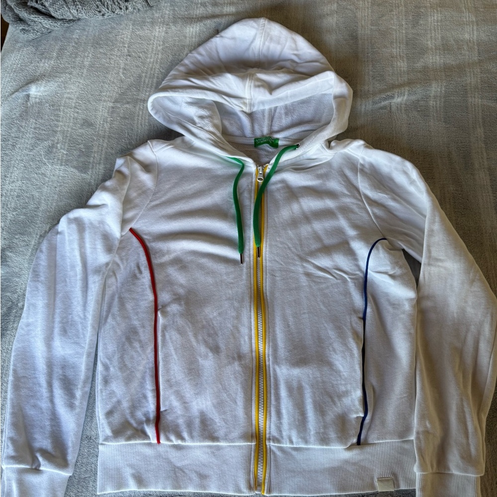 United Colors Of Benetton White Zip Hoodie with Rainbow Accents